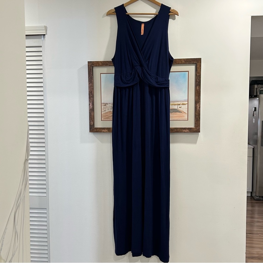 Gilli Sleeveless Plunge Neck Faux Wrap Jersey Stretch Maxi Dress Navy Blue
